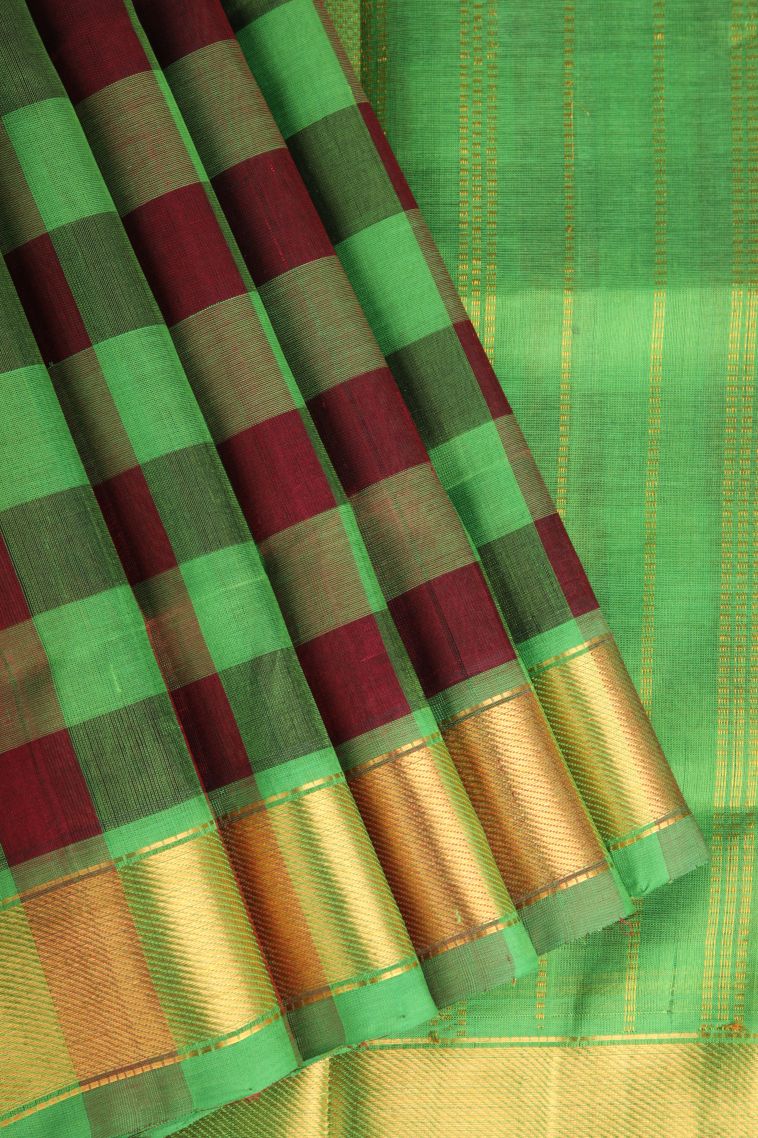 Fern Green Silk Cotton with Gold Zari Checks view 1