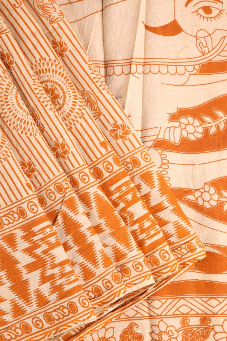 Apricot Orange Kalamkari with Without Zari Zari Floral Patterns view 1