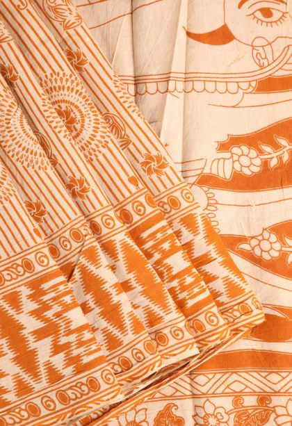 Apricot Orange Kalamkari with Without Zari Zari Floral Patterns