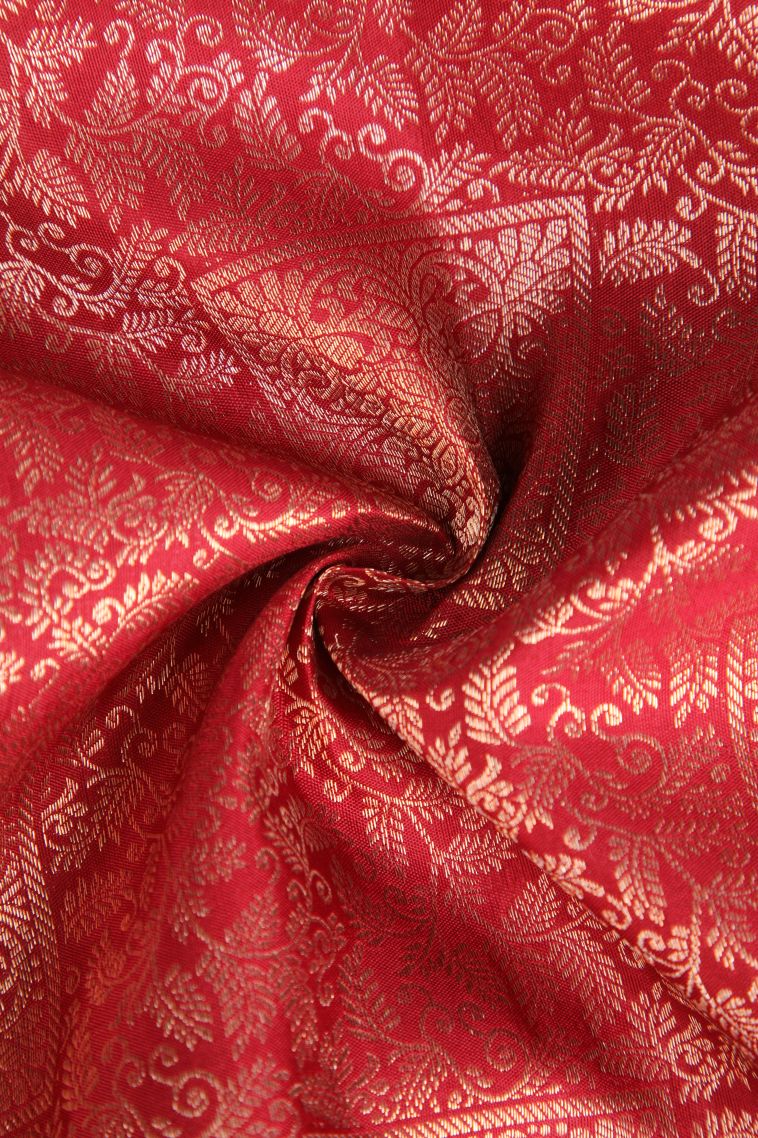 Dawn Red Kanchipuram Silk Sarees with Gold Zari Leaf Pattern view 4