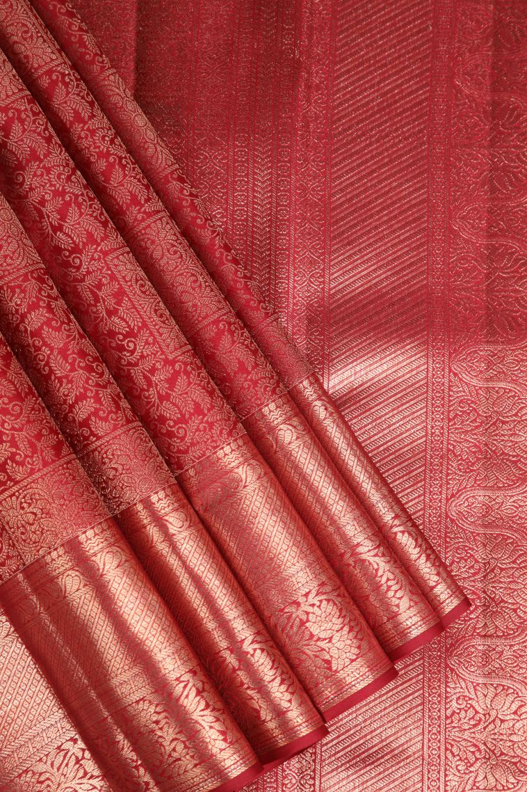 Dawn Red Kanchipuram Silk Sarees with Gold Zari Leaf Pattern view 1