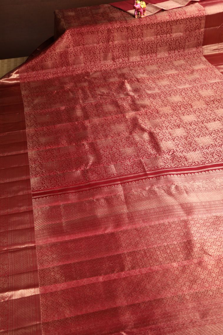 Dawn Red Kanchipuram Silk Sarees with Gold Zari Leaf Pattern view 2