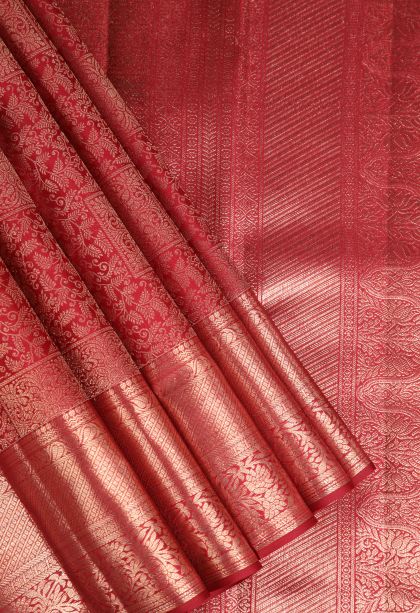 Dawn Red Kanchipuram Silk Sarees with Gold Zari Leaf Pattern