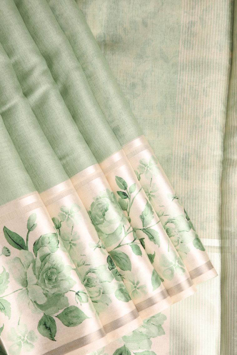 Pista Green Jute Sarees with Silver Zari Plain view 1