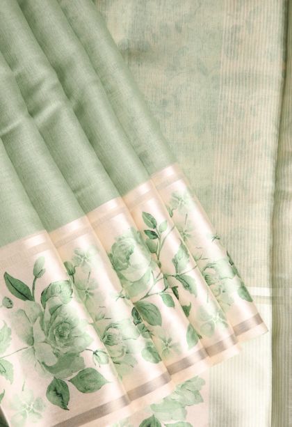 Pista Green Jute Sarees with Silver Zari Plain