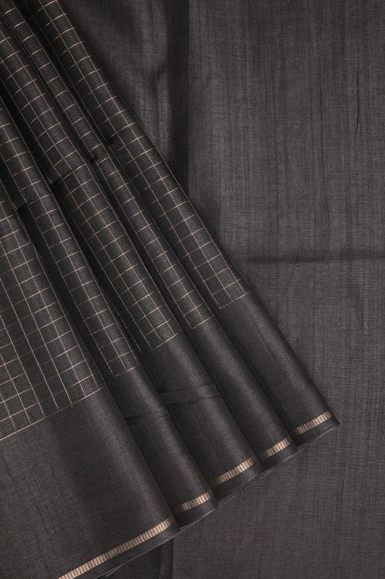 Charleston Black Jute Sarees with Gold Zari Checks view 1