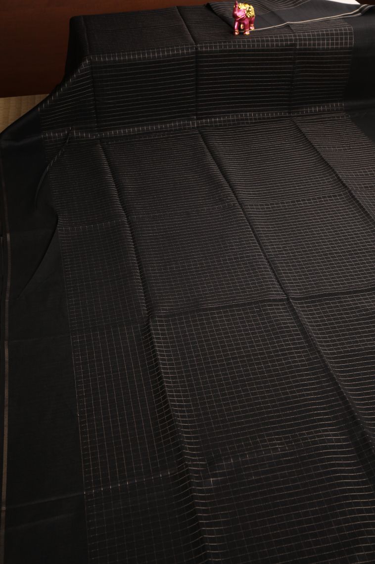 Charleston Black Jute Sarees with Gold Zari Checks view 2
