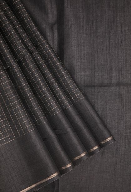 Charleston Black Jute Sarees with Gold Zari Checks