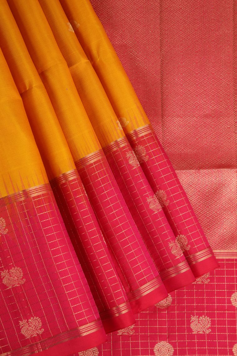 Merigold Orange Soft Silk Saree with Gold Zari Mango Puttas view 1