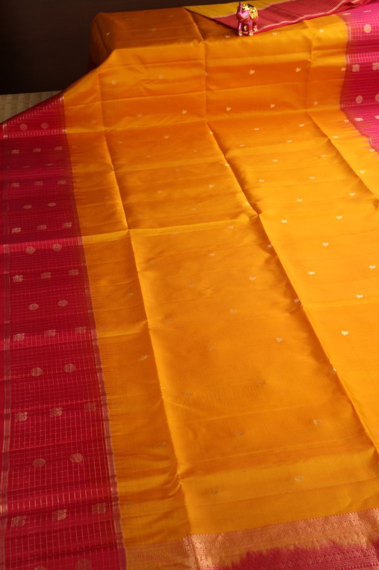 Merigold Orange Soft Silk Saree with Gold Zari Mango Puttas view 2
