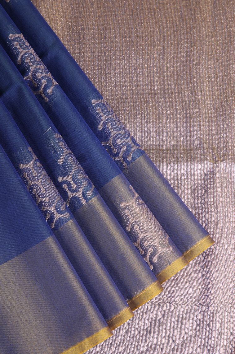 Daffane Blue Silk Cotton Sarees with Copper Zari Geometric Shapes view 1