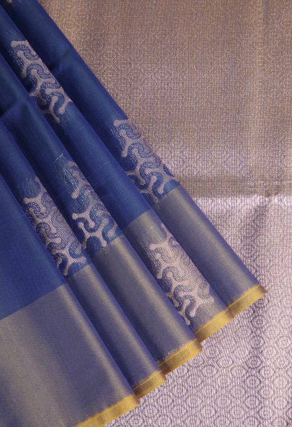 Daffane Blue Silk Cotton Sarees with Copper Zari Geometric Shapes