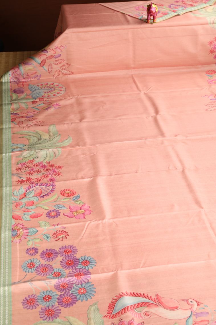 Peach Pink Semi Tussar Silk with Without Zari Zari Floral Patterns view 2
