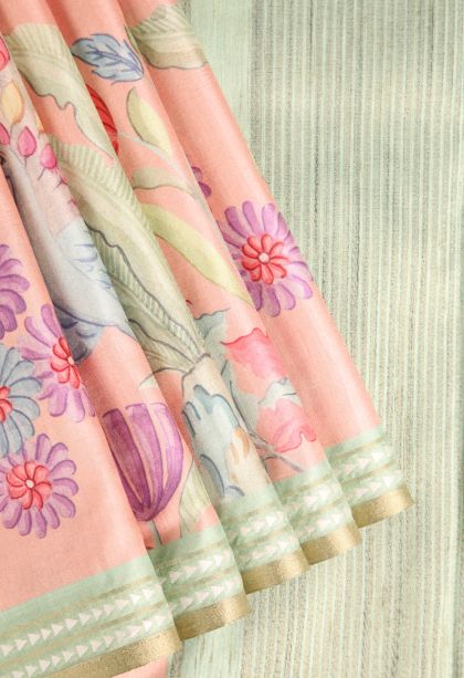 Peach Pink Semi Tussar Silk with Without Zari Zari Floral Patterns