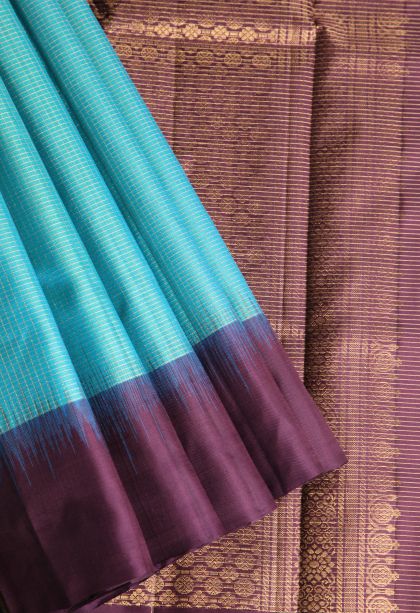 Arctic Blue Soft Silk Saree with Gold Zari Vaira Oosi Jari Checked