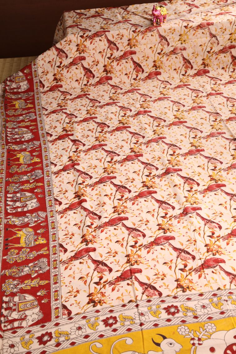 Vanilla Custard Yellow Kalamkari with Without Zari Zari Birds And Floral Pattern view 2