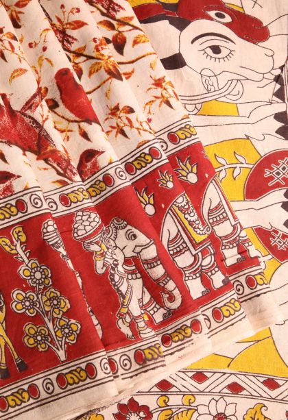 Vanilla Custard Yellow Kalamkari with Without Zari Zari Birds And Floral Pattern