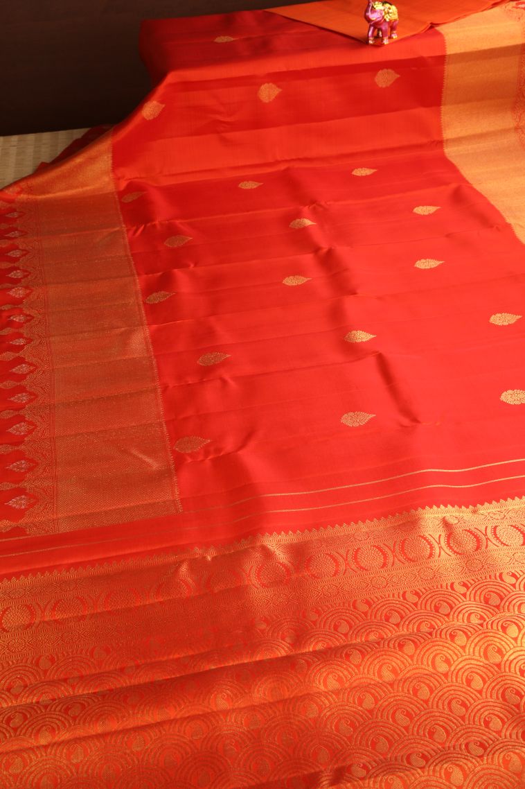 Fire Orange Kanchipuram Silk Sarees with Gold Zari Thilagam Puttas view 2