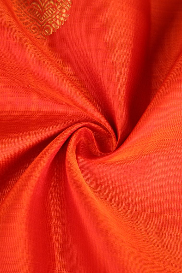 Fire Orange Kanchipuram Silk Sarees with Gold Zari Thilagam Puttas view 4