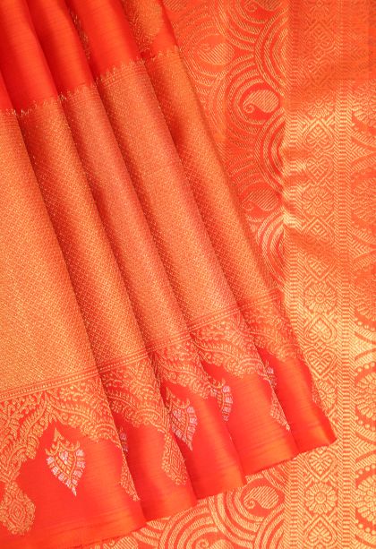 Fire Orange Kanchipuram Silk Sarees with Gold Zari Thilagam Puttas