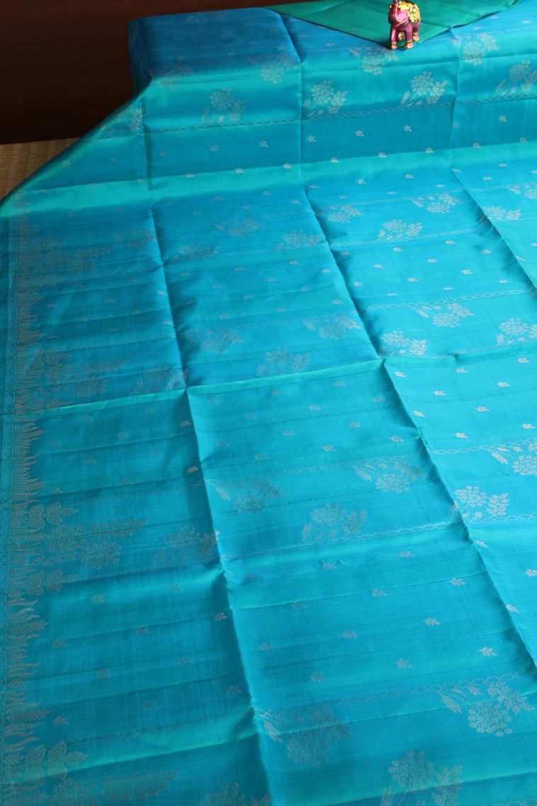 Sky Blue Soft Silk Saree with Silver Zari Leaf Pattern view 2