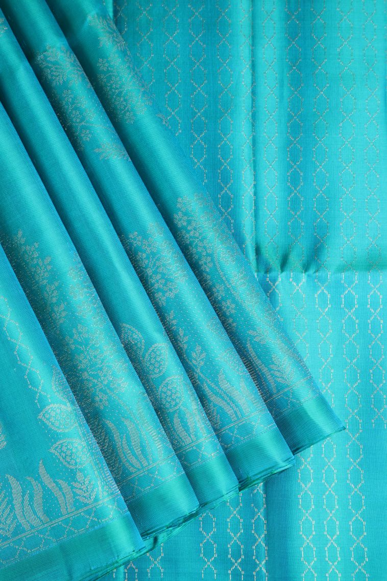 Sky Blue Soft Silk Saree with Silver Zari Leaf Pattern view 1