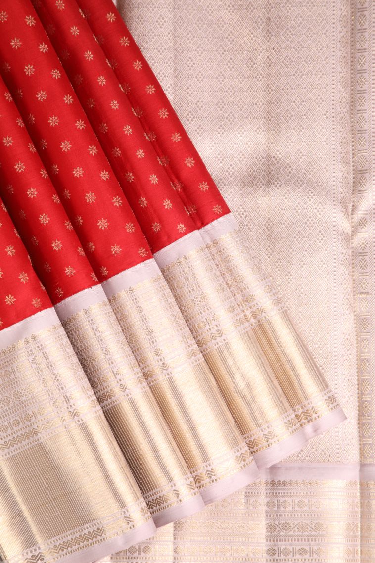 Candy Red Kanchipuram Silk Sarees with Gold Zari Floral Puttas