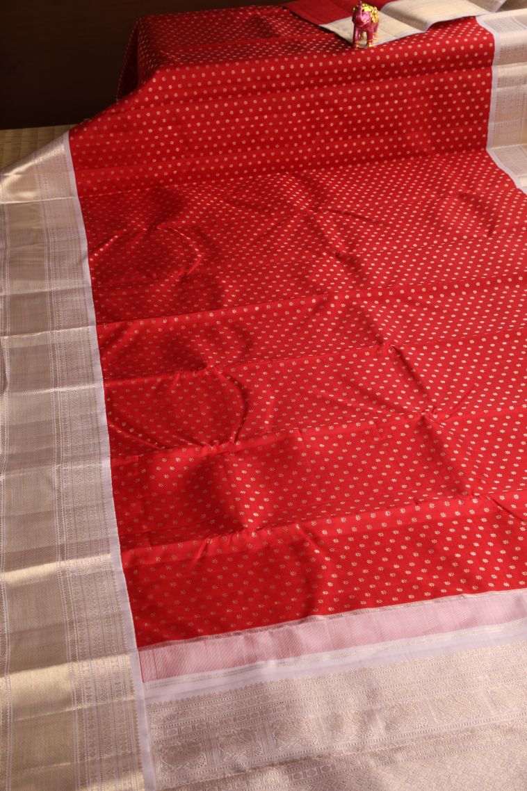 Candy Red Kanchipuram Silk Sarees with Gold Zari Floral Puttas view 2