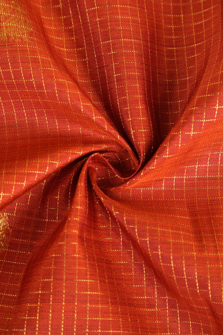 Carrot Orange Kanchipuram Silk Sarees with Gold Zari Peacock And Rudhractam view 4