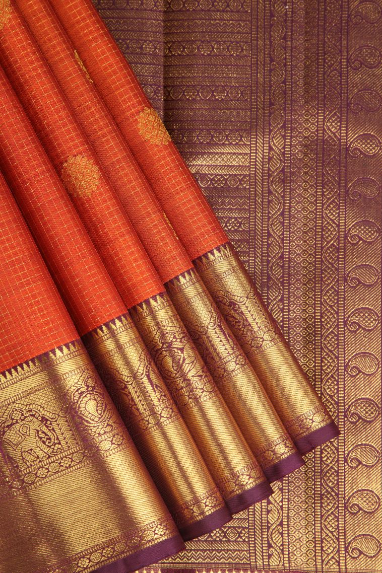 Carrot Orange Kanchipuram Silk Sarees with Gold Zari Peacock And Rudhractam view 1