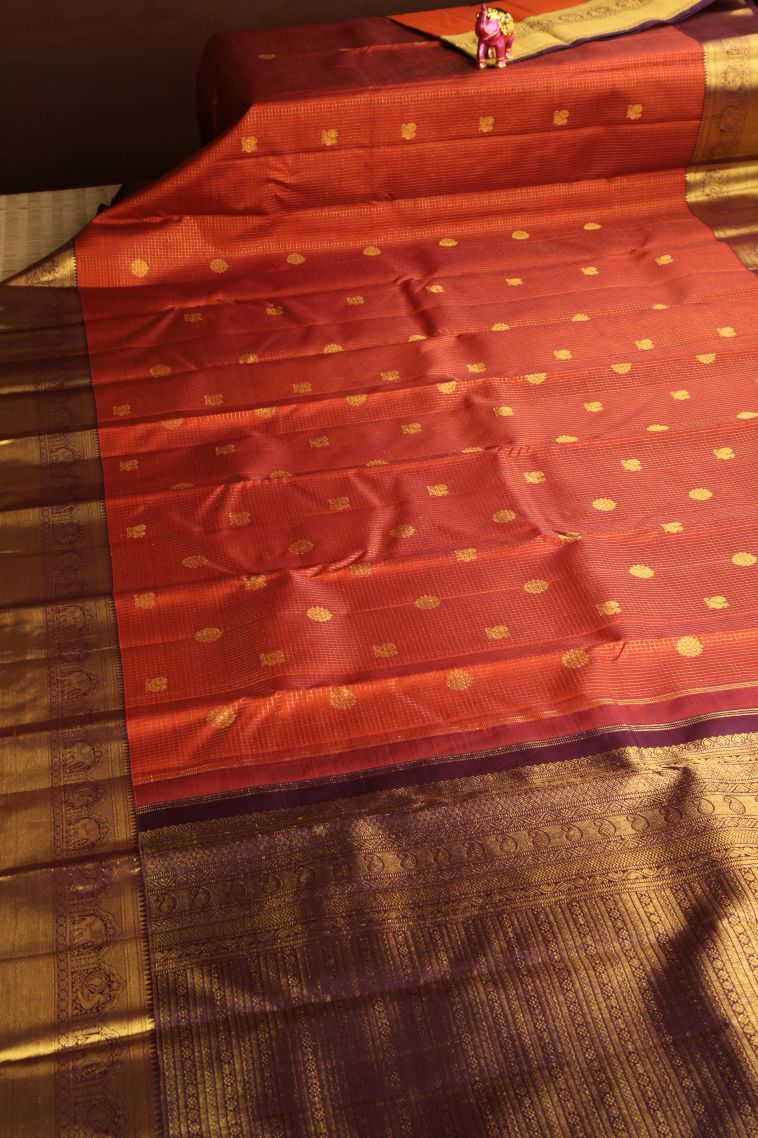 Carrot Orange Kanchipuram Silk Sarees with Gold Zari Peacock And Rudhractam view 2