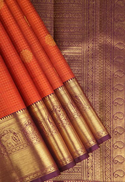 Carrot Orange Kanchipuram Silk Sarees with Gold Zari Peacock And Rudhractam