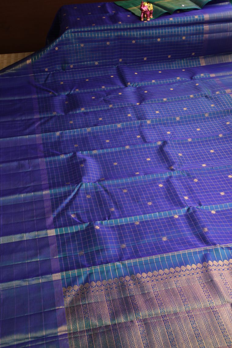 Ocean Blue Kanchipuram Silk Sarees with Gold Zari Straipes And Puttas view 2