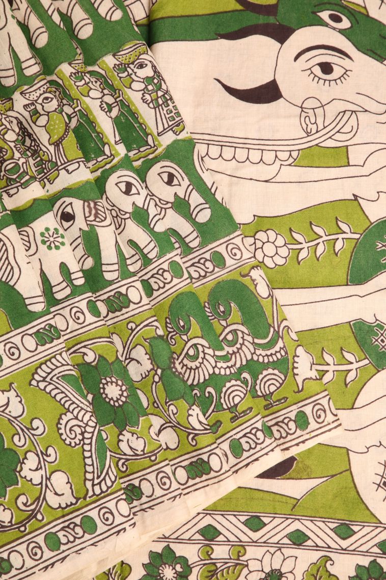 Forest Green Kalamkari with Without Zari Zari Eliphant Mottif view 1