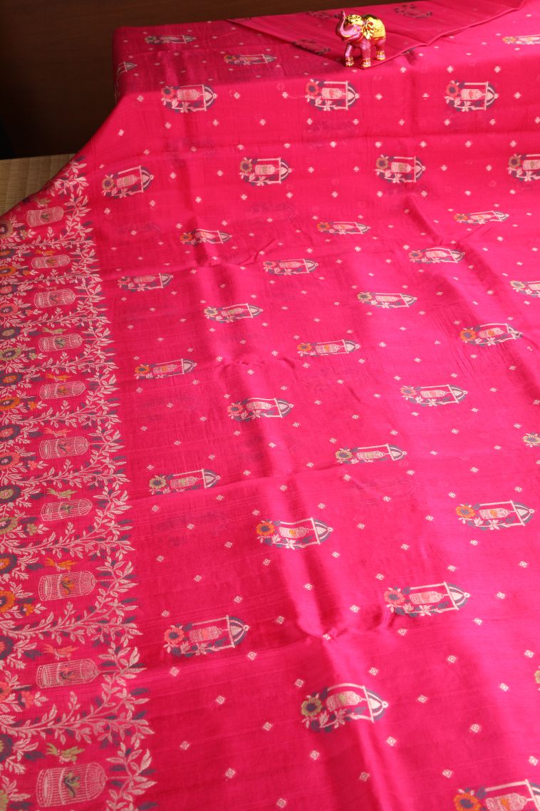 Punch Pink Banaras Sarees with Silver Zari Birds And Floral Pattern view 2