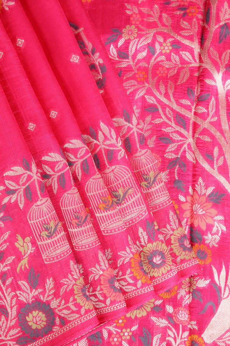Punch Pink Banaras Sarees with Silver Zari Birds And Floral Pattern