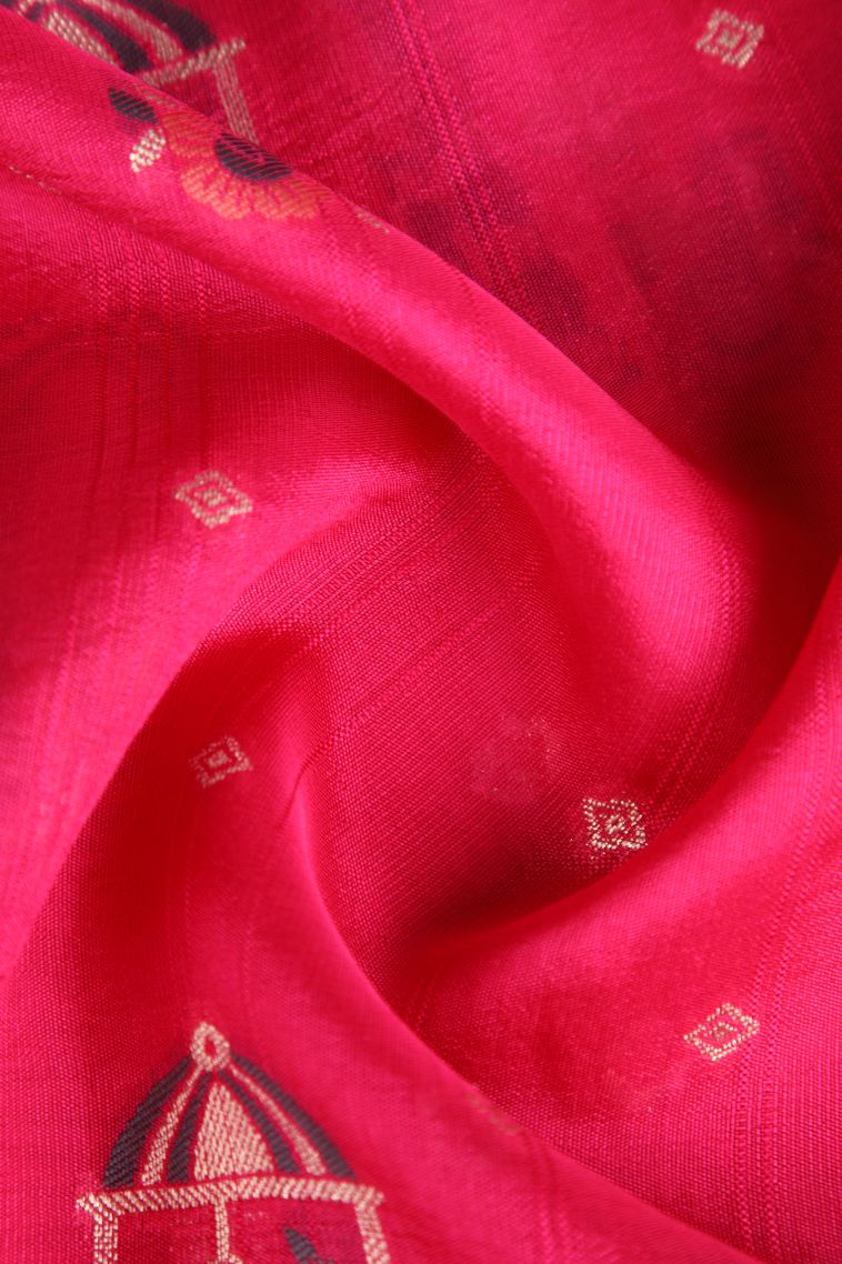 Punch Pink Banaras Sarees with Silver Zari Birds And Floral Pattern view 4