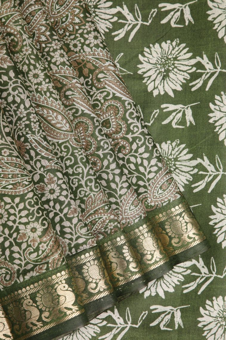 Moccon Green Maheswari Cotton Saree with Gold Zari Floral Patterns view 1