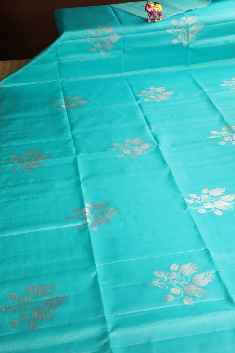 Sky Blue Soft Silk Saree with Silver Zari Floral Patterns view 2