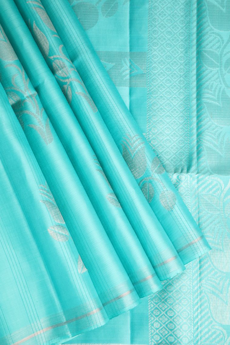 Sky Blue Soft Silk Saree with Silver Zari Floral Patterns view 1