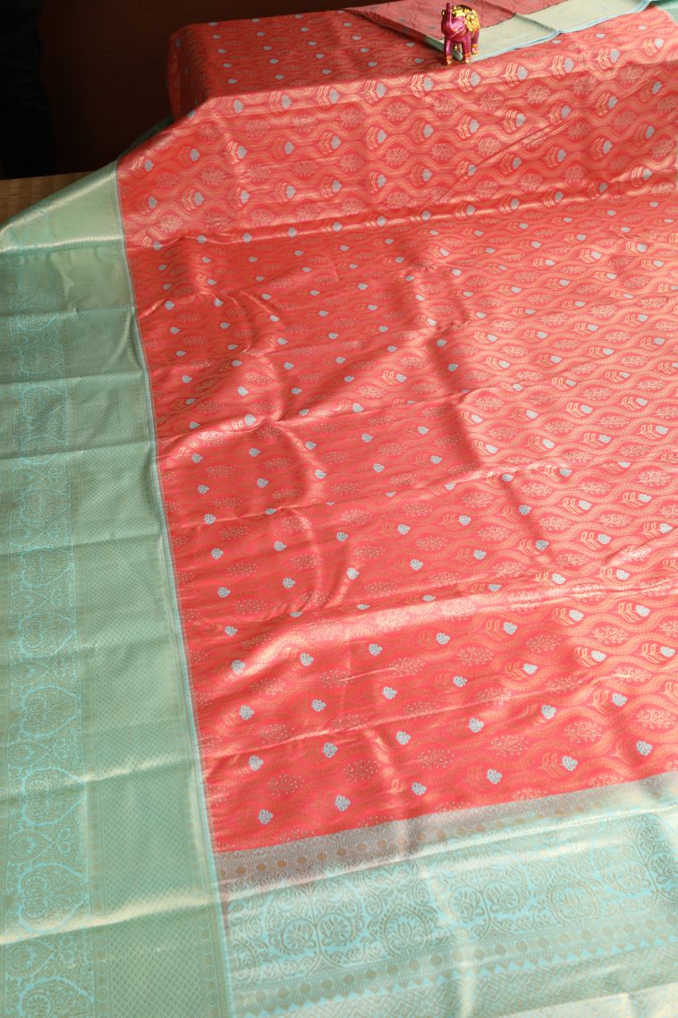 Coral Pink Apoorva Silk Sarees with Gold Zari Floral Patterns view 2