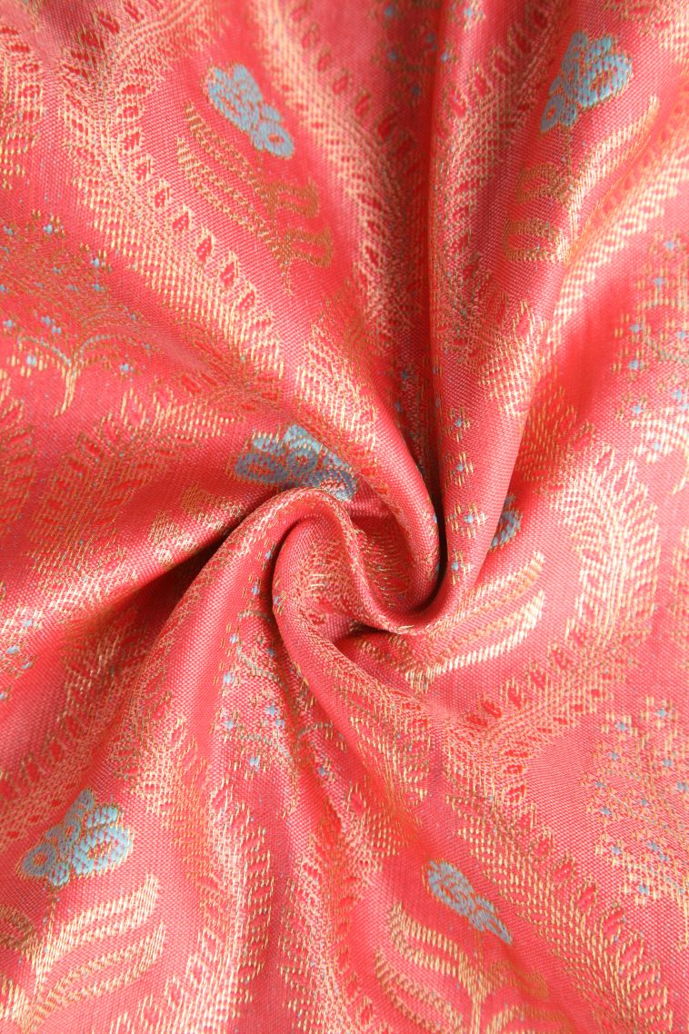 Coral Pink Apoorva Silk Sarees with Gold Zari Floral Patterns view 4
