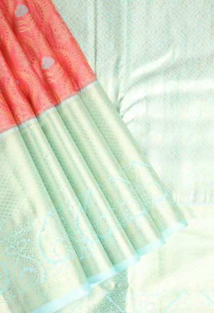 Coral Pink Apoorva Silk Sarees with Gold Zari Floral Patterns