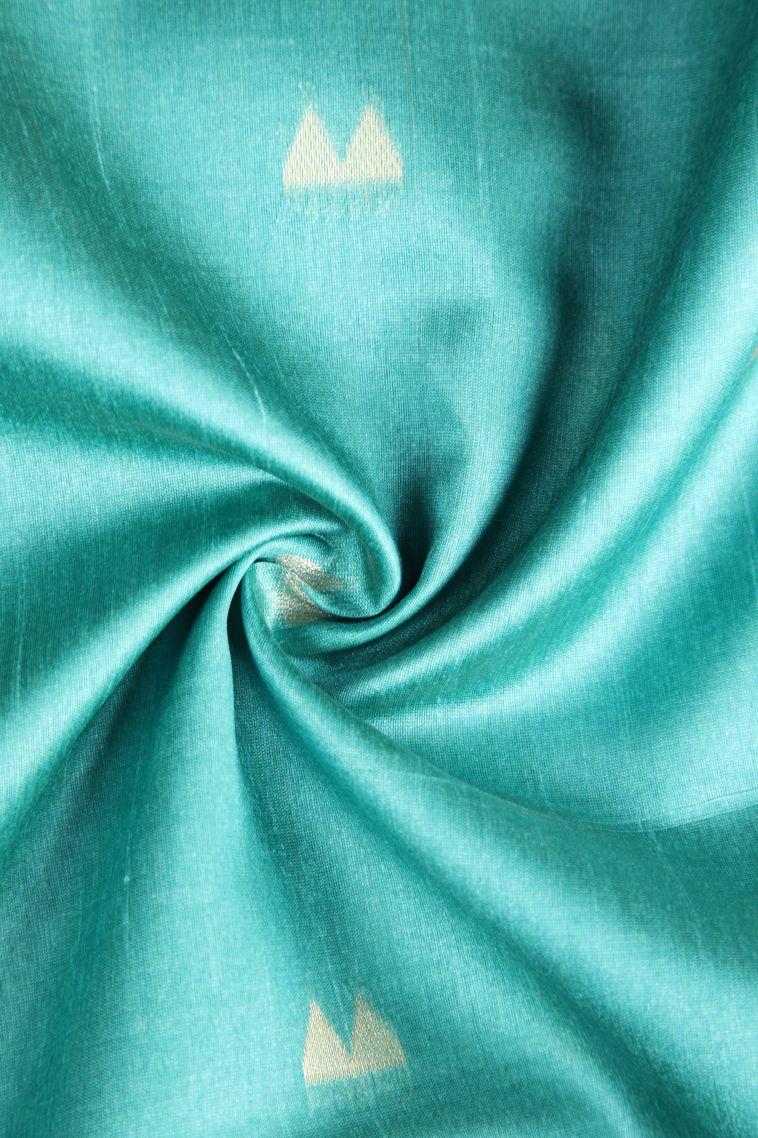 Teal Blue Tussar Saree with Gold And Silver Zari Geometric Shapes view 4