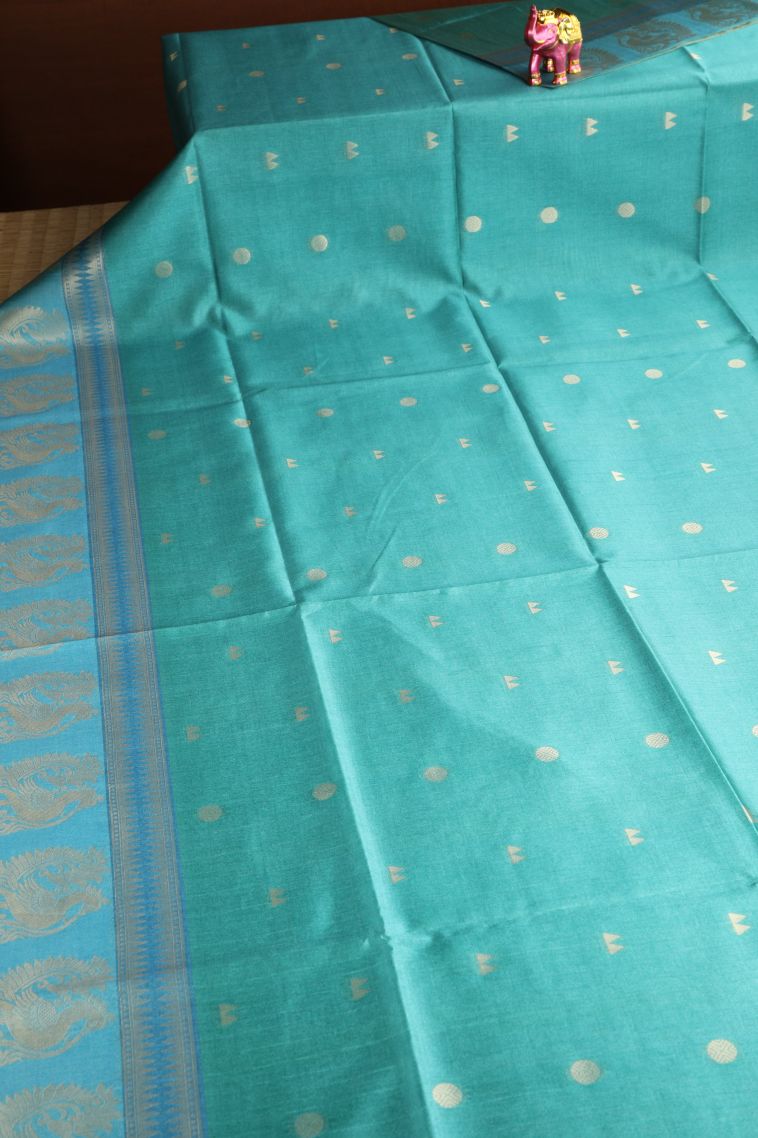 Teal Blue Tussar Saree with Gold And Silver Zari Geometric Shapes view 2