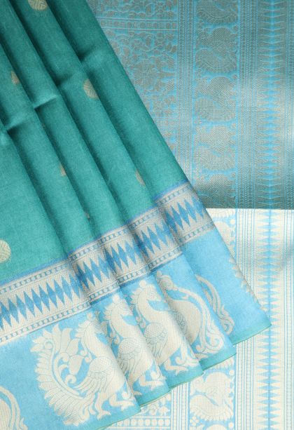 Teal Blue Tussar Saree with Gold And Silver Zari Geometric Shapes
