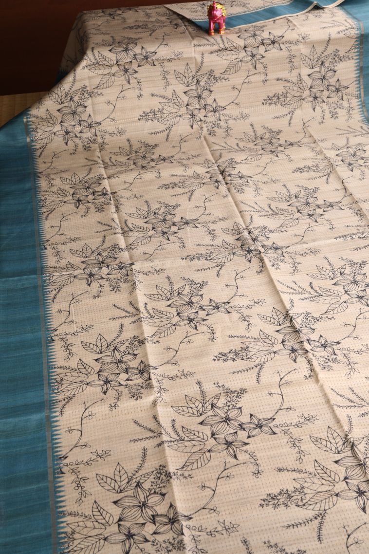 Linen White Semi Tussar Silk with Gold Zari Floral Patterns view 2