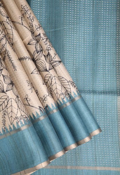 Linen White Semi Tussar Silk with Gold Zari Floral Patterns