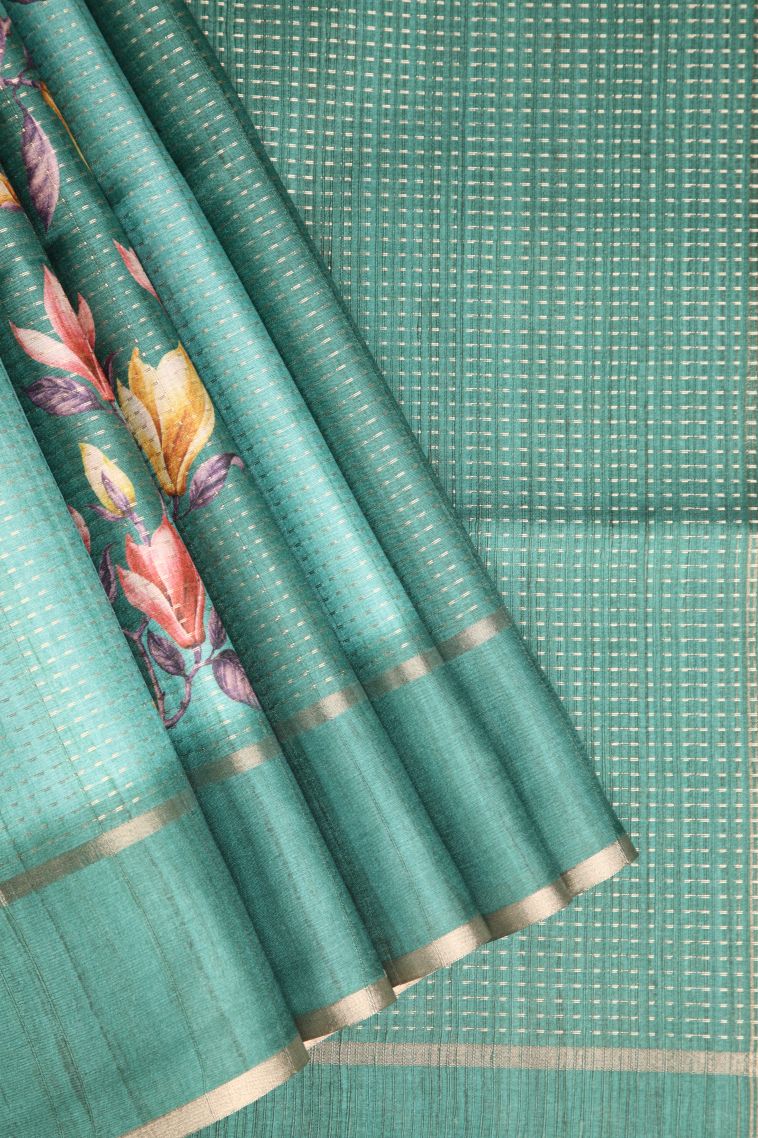 Teal Blue Semi Tussar Silk with Gold Zari Kodi Pattern view 1