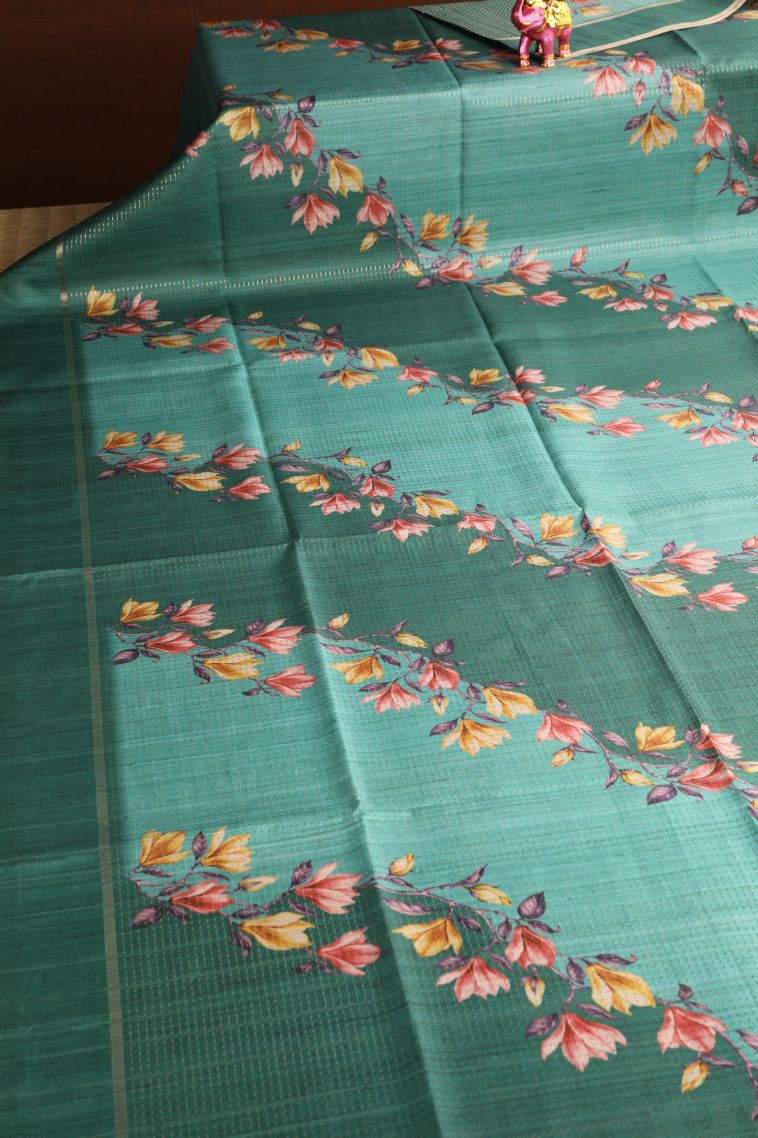 Teal Blue Semi Tussar Silk with Gold Zari Kodi Pattern view 2
